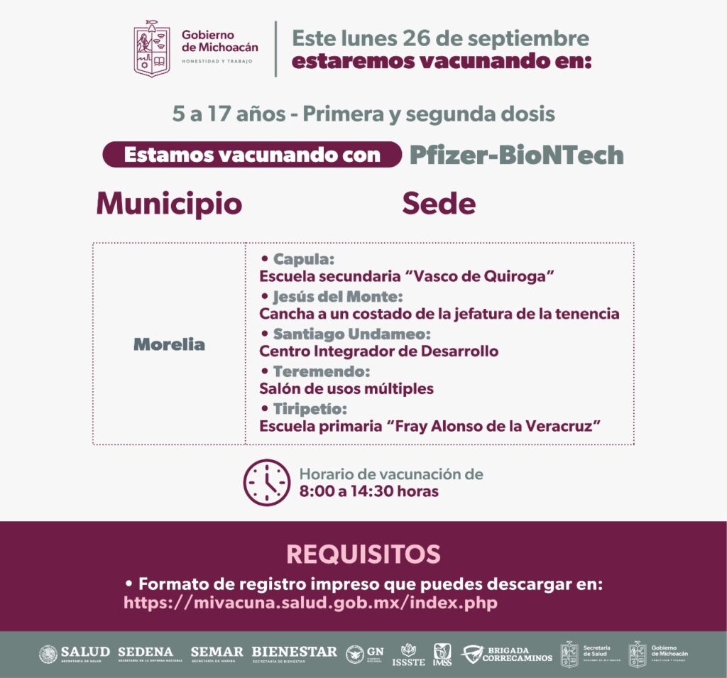 Próximo lunes se vacunará a niños de 5 a 17 años en 5 tenencias de Morelia