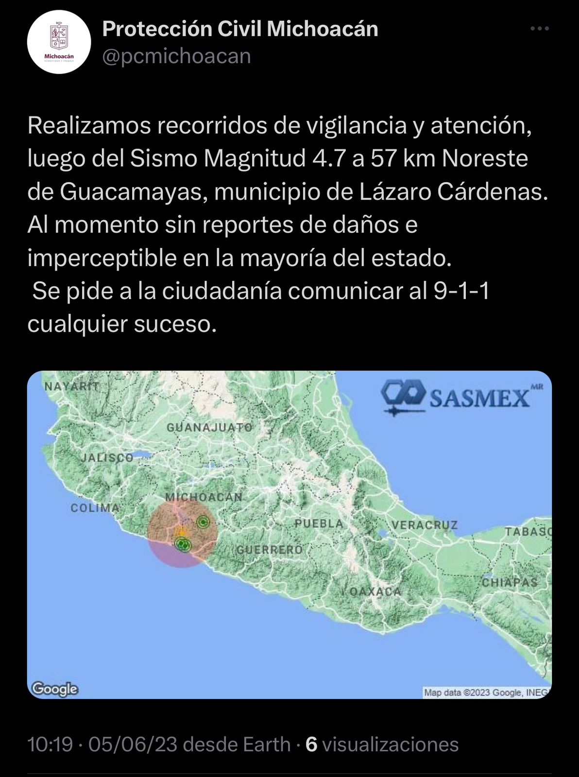 No se registraron afectaciones por el sismo con epicentro en Guacamayas