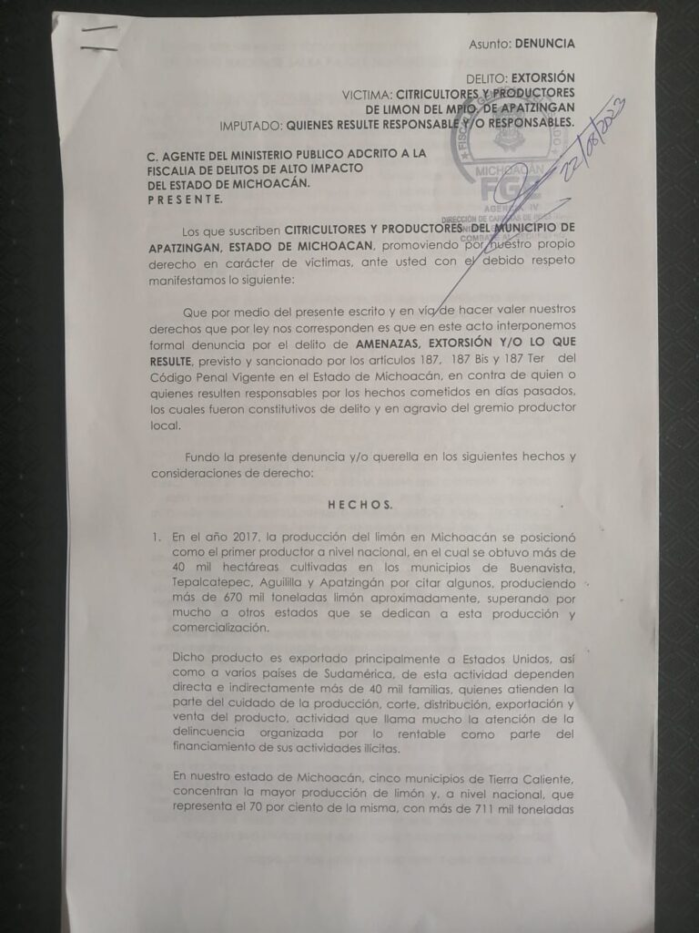 Presenta Gobierno de Michoacán denuncia por extorsión a limoneros de Apatzingán