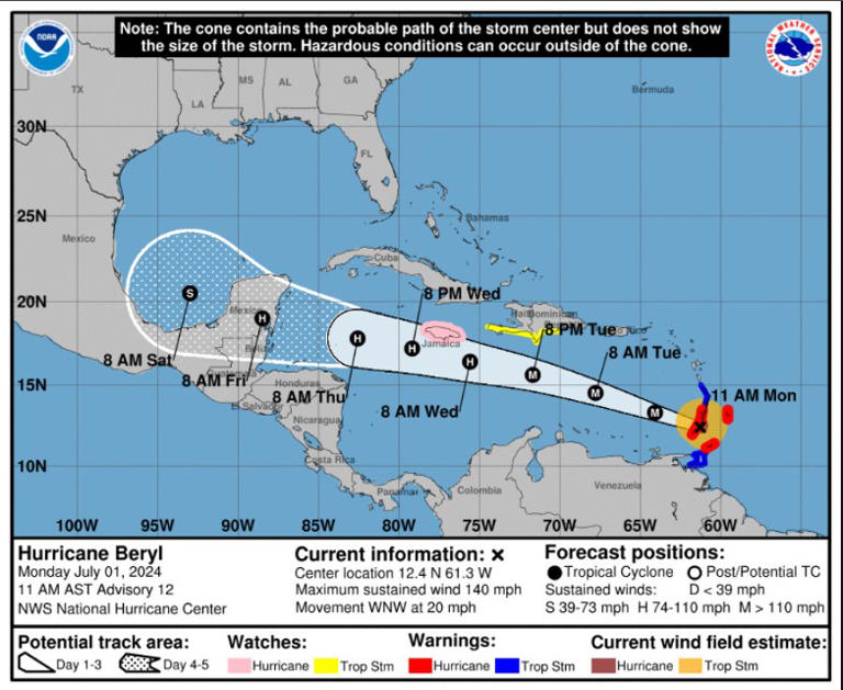 México se prepara para el huracán "Beryl", el cual se ha degradado a categoría 4